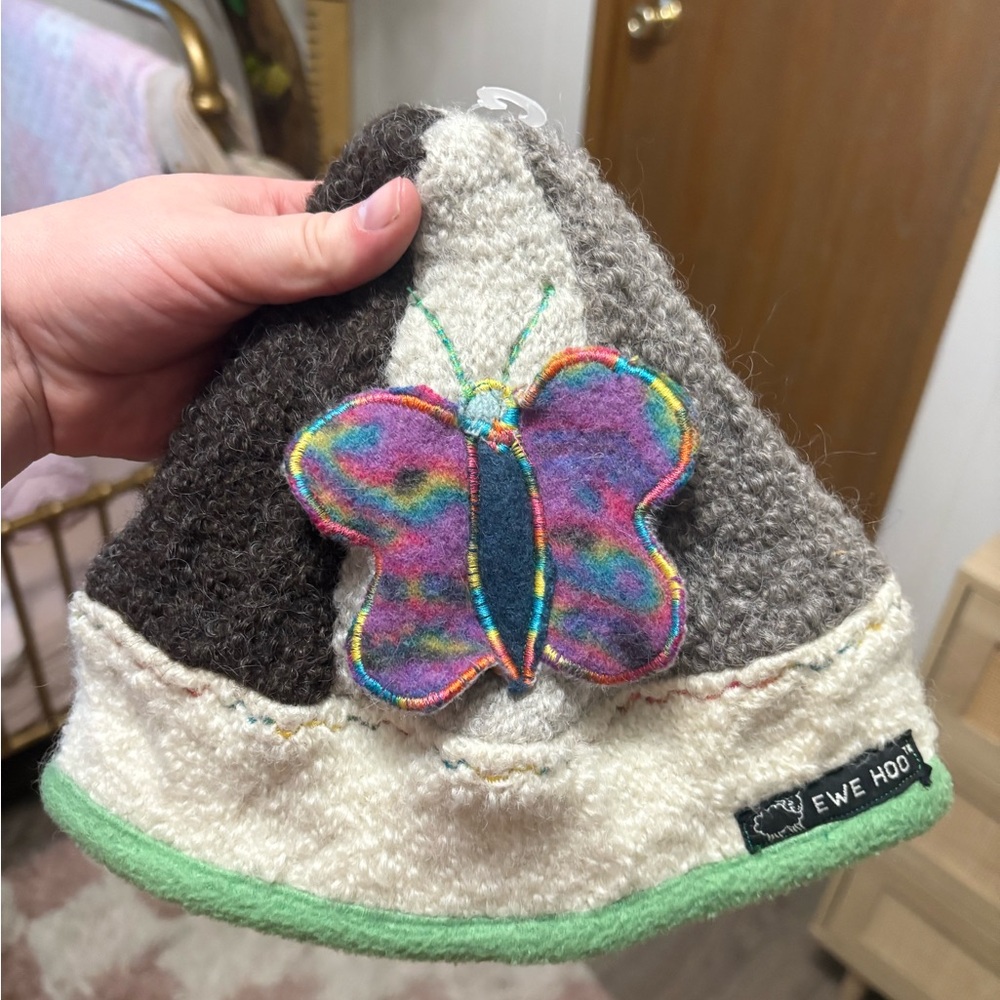 Ewe Hood Kids Wool Butterfly Beanie in Gray, Cream & Green
